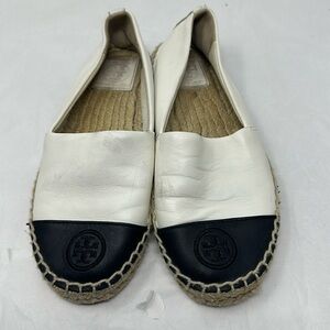 Tory Burch black/white leather color block cap toe espadrille flats Size 5
